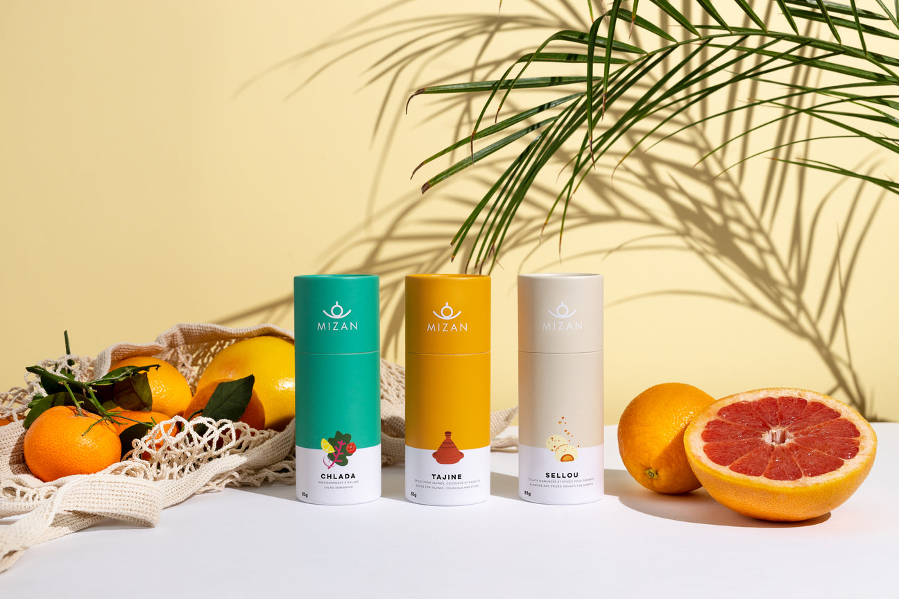 Organic authentic handcrafted spice blends collection including salad, tajine and dukka dessert